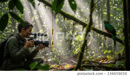 Wildlife filmmaker recording quetzal in misty tropical rainforest 136659038