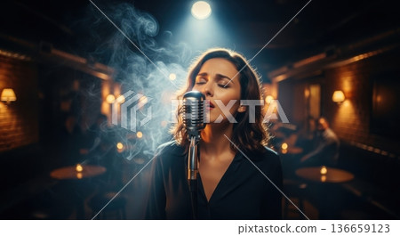 Female jazz vocalist performing live in a smoky club 136659123
