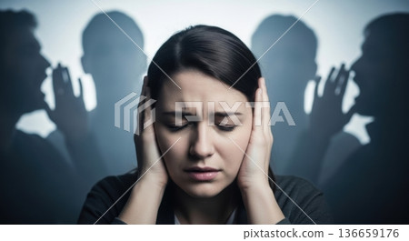 Young woman covering ears avoiding gossip and rumors 136659176