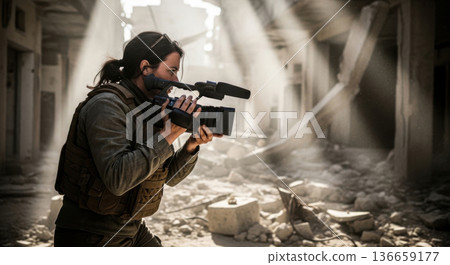 War correspondent filming in conflict zone ruins 136659177