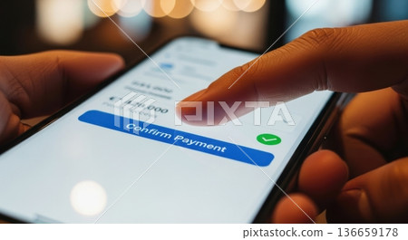 Finger tapping button confirming mobile payment on smartphone 136659178