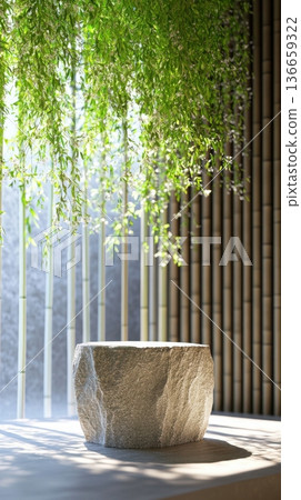 Slim stone podium in a vertical bamboo grove with delicate vines and white flowers 136659322