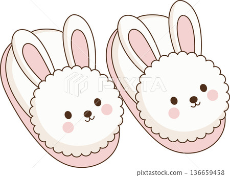 Minimalist Hand Drawn Illustration of Cute White Fluffy Bunny Slippers with Pink Ears for Cozy Loungewear and Home Comfort Concept 136659458