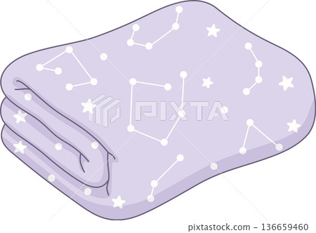 Minimalist Hand Drawn Illustration of a Folded Purple Blanket with Star and Constellation Patterns for Cozy Bedtime and Home Decor Concept Minimalist Hand Drawn Illustration of a Folded Purple Blanket with Star and Constellation Patterns for Cozy Bedtime and Home Decor Concept 136659460