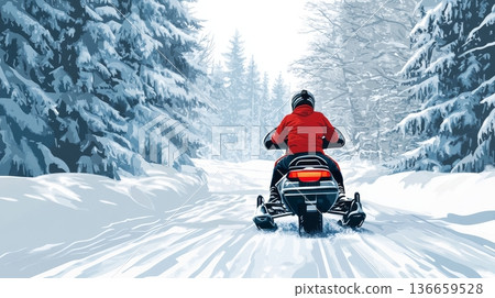 Thrilling Snowmobile Adventure in Majestic Winter Landscape Thrilling Snowmobile Adventure in Majestic Winter Landscape 136659528