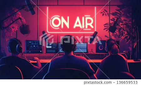 Professional Radio Broadcast Studio with Neon On-Air Sign and Microphone Professional Radio Broadcast Studio with Neon On-Air Sign and Microphone 136659533