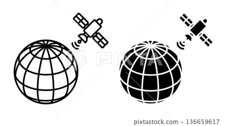 Linear isometric icon. Globe with grid lines linked with orbit satellite via signal waves, symbolizing global communication and space technology. Simple vector isolated on white background Linear isometric icon. Globe with grid lines linked with orbit satellite via signal waves, symbolizing global communication and space technology. Simple vector isolated on white background 136659617