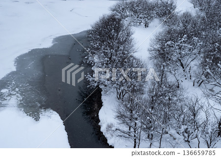 白雪皚皚的湖泊和森林景觀 b-1 136659785