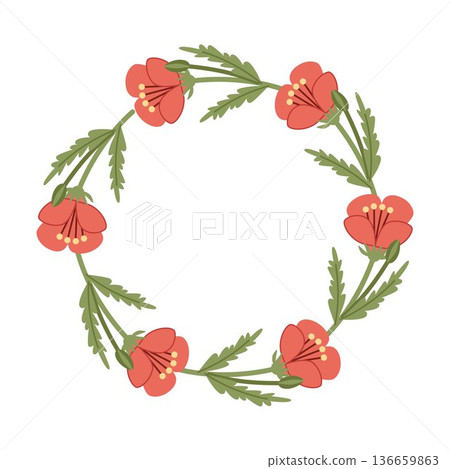 Colorful spring wreath of red poppies. A festive vector illustration for cards and invitations in a circle shape. Colorful spring wreath of red poppies. A festive vector illustration for cards and invitations in a circle shape. 136659863