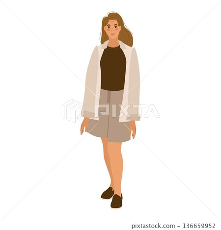 Young girl stands in modern summer clothes. She's wearing a T-shirt, shorts, a shirt, and loafers. Vector isolated illustration on a white background. 136659952