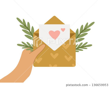 The girl's hands are holding an envelope with a Valentine. Vector illustration for Valentine's day. The girl's hands are holding an envelope with a Valentine. Vector illustration for Valentine's day. 136659953