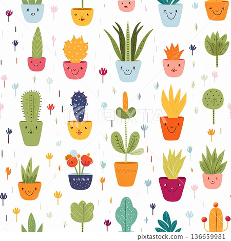 Colorful cartoon magic plants arranged in a whimsical tile design on a bright white background Generative AI 136659981