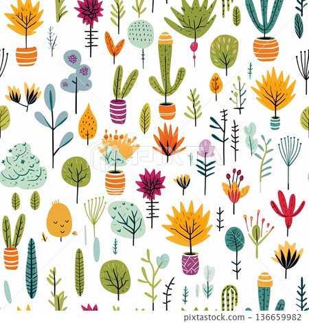 Colorful cartoon magic plants arranged in a whimsical tile design on a bright white background Generative AI 136659982