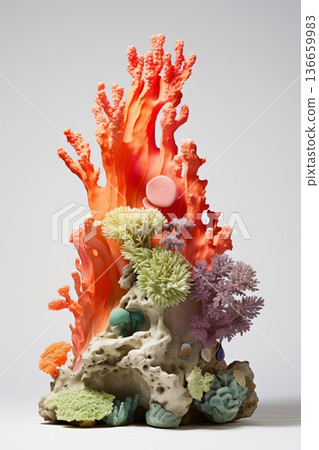 Vibrant corals and sponges growing on decorative sea rock in artistic linear design showcasing underwater beauty Generative AI 136659983