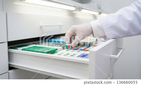 Pharmacist organizes medications in a drawer at a pharmacy during the day 136660055