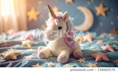 Pastel-colored unicorn plush toy and star-patterned fabric - Dream and magic image photo background Pastel-colored unicorn plush toy and star-patterned fabric - Dream and magic image photo background 136660570