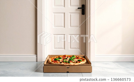Pizza delivery box in front of the entrance, food delivery and home delivery service image Pizza delivery box in front of the entrance, food delivery and home delivery service image 136660573