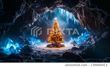 冰洞中閃閃發光的聖誕樹——奇幻的冬季風景背景素材 136660913