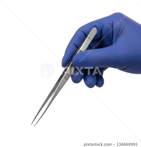 Hand wearing a blue protective glove holding sterile medical tweezers or forceps, isolated on transparent background. Perfect for healthcare, surgery, and lab concepts 136660991
