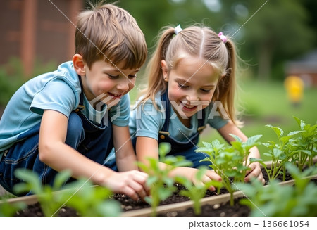 Girl and boy taking care of small vegetable plants in raised bed, holding small shovel. Childhood outdoors in garden. Girl and boy taking care of small vegetable plants in raised bed, holding small shovel. Childhood outdoors in garden. 136661054