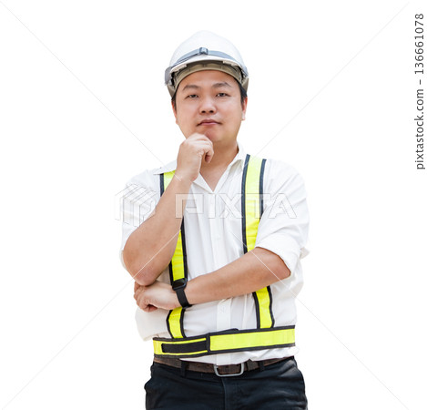 Confident Asian construction engineer wearing white safety helmet, reflective vest, arms crossed one hand on his chin, Isolated on transparent background 136661078