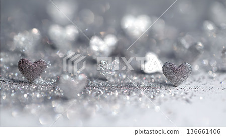 Close-up of silver glitter hearts on a sparkling background, perfect for Valentine's Day or romantic themes. 136661406