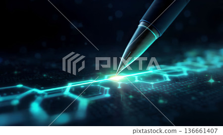 Close-up of a digital pen connecting a glowing hexagon network, symbolizing technology and innovation. 136661407