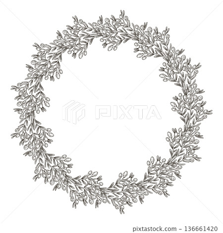 Circle wreath with wildflower and copy space in vintage sketch style. Hand drawn vector decorative festive design. Graphic drawing ideal for Easter card template. Perfect for spring holiday season. Circle wreath with wildflower and copy space in vintage sketch style. Hand drawn vector decorative festive design. Graphic drawing ideal for Easter card template. Perfect for spring holiday season. 136661420