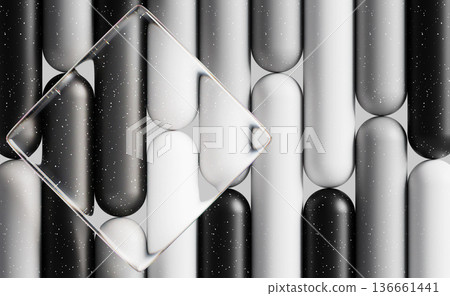 Black white gray 3D background with liquid glass rhombus frame. Abstract vertical striped pattern with transparent square shape, dot texture and rounded design. Futuristic tech banner. 3D illustration 136661441