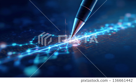 Close-up of a pen drawing digital connection lines on a dark surface. Concept for technology, data, and innovation. 136661442