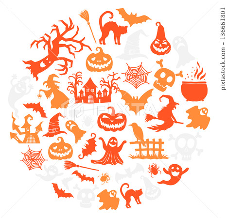 Halloween pattern in round shape. Scary holiday symbols Halloween pattern in round shape. Scary holiday symbols 136661801