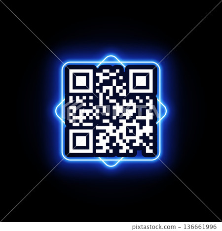 QR code in blue glowing neon frame, radiant scan frame with barcode scan for smartphone, vector cyber sticker template 136661996