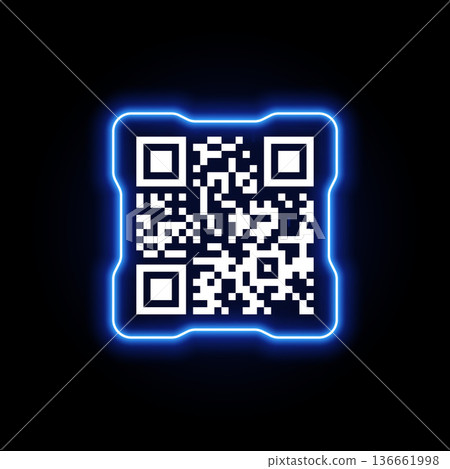 A QR code in a square neon blue glowing frame on a black background. A QR code in a square neon blue glowing frame on a black background. 136661998