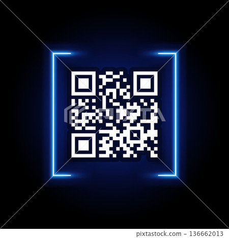 QR code in blue glowing neon frame, scan frame with barcode scan for smartphone, vector cyber sticker template 136662013