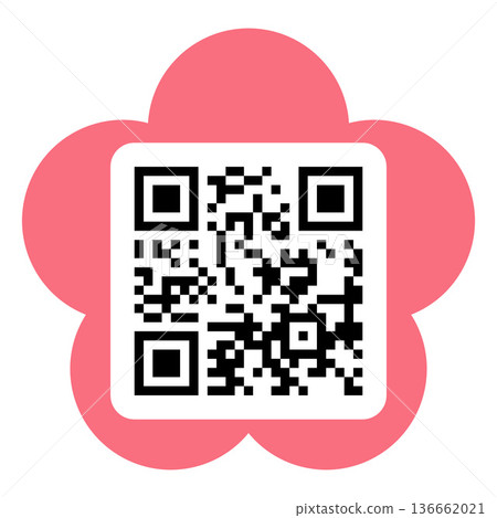 QR code pink frame flower shape, vector daisy sticker template with QR code for mobile scanner, payment, identification 136662021