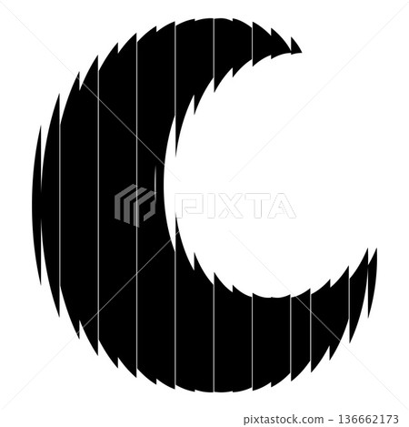Black crescent moon with jagged edges and a ribbed glass effect. Black crescent moon with jagged edges and a ribbed glass effect. 136662173