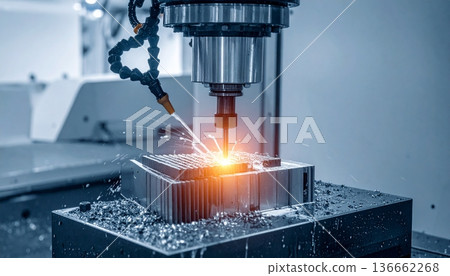 CNC milling machine processing on steel with cooling CNC milling machine processing on steel with cooling 136662268
