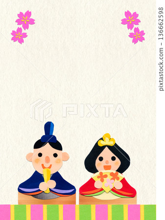 女兒節（Girl's Day）雛人偶與櫻花拼貼插畫背景素材 / 直式版 A4 136662598