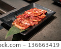 Raw sliced meat is arranged on a dark plate with visible fat texture, presented as uncooked food suitable for restaurant kitchen use and menu production. 136663419