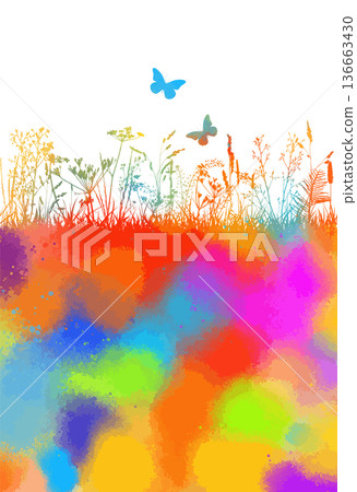colored grass background with butterflies and flowers. Hand drawn. Not AI, vector illustration 136663430