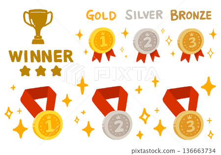 Gold, silver and bronze medals and winner cup award icon set. Hand-drawn vector material for rankings and awards. Gold, silver and bronze medals and winner cup award icon set. Hand-drawn vector material for rankings and awards. 136663734