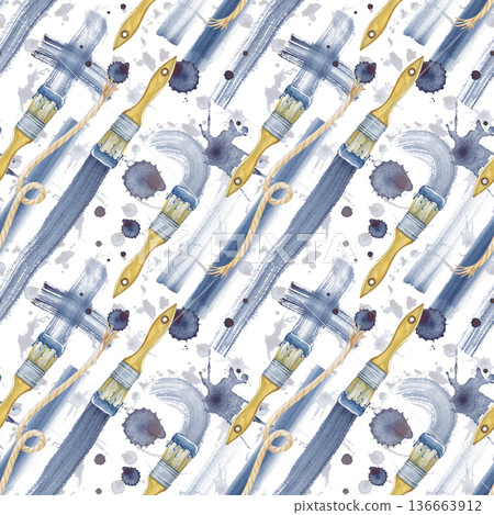 Diagonal seamless drawing with brushes, a piece of twine, strokes and drops of paint. Watercolor illustration with the working tools of a repairman . A dynamic background with a repeating pattern on Diagonal seamless drawing with brushes, a piece of twine, strokes and drops of paint. Watercolor illustration with the working tools of a repairman . A dynamic background with a repeating pattern on 136663912