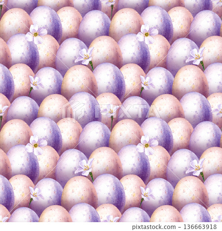 Spring seamless pattern with colored eggs with drops of paint and small white flowers. Realistic watercolor illustration for Easter and spring themes. 136663918