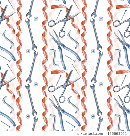 Watercolor illustration with working tools on an isolated background. Vertical seamless pattern with scissors, red ribbon, pliers, wrench and self-tapping screws. A background with men's home Watercolor illustration with working tools on an isolated background. Vertical seamless pattern with scissors, red ribbon, pliers, wrench and self-tapping screws. A background with men's home 136663931