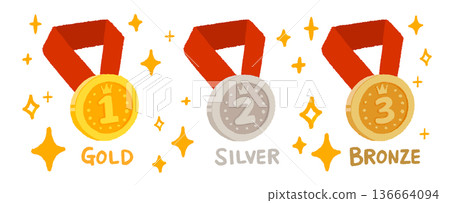 Set of gold, silver and bronze medal icons. Coin medals with ribbons. Hand-drawn flat vector illustration. 136664094