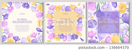 A set of colorful backgrounds with beautiful crocuses. The concept of spring, wedding, March 8th, mother's day, birthday. Vector illustration for the design of posters, flyers, postcards, invitations A set of colorful backgrounds with beautiful crocuses. The concept of spring, wedding, March 8th, mother's day, birthday. Vector illustration for the design of posters, flyers, postcards, invitations 136664370