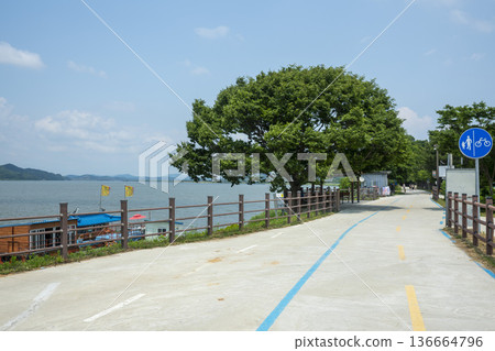 Bicycle path along the Geumgang River 136664796