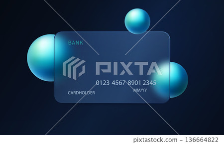 Modern glass morphism bank card with blue spheres on dark gradient background 136664822