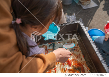 A girl who scoops goldfish scooping 136664823