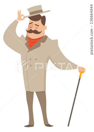 Greeting gentleman lift hat. Cartoon man character 136664944